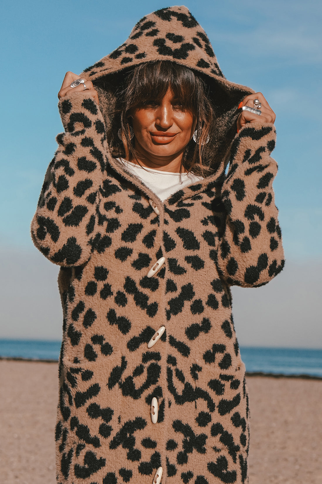 Leopard print hooded cardigan top