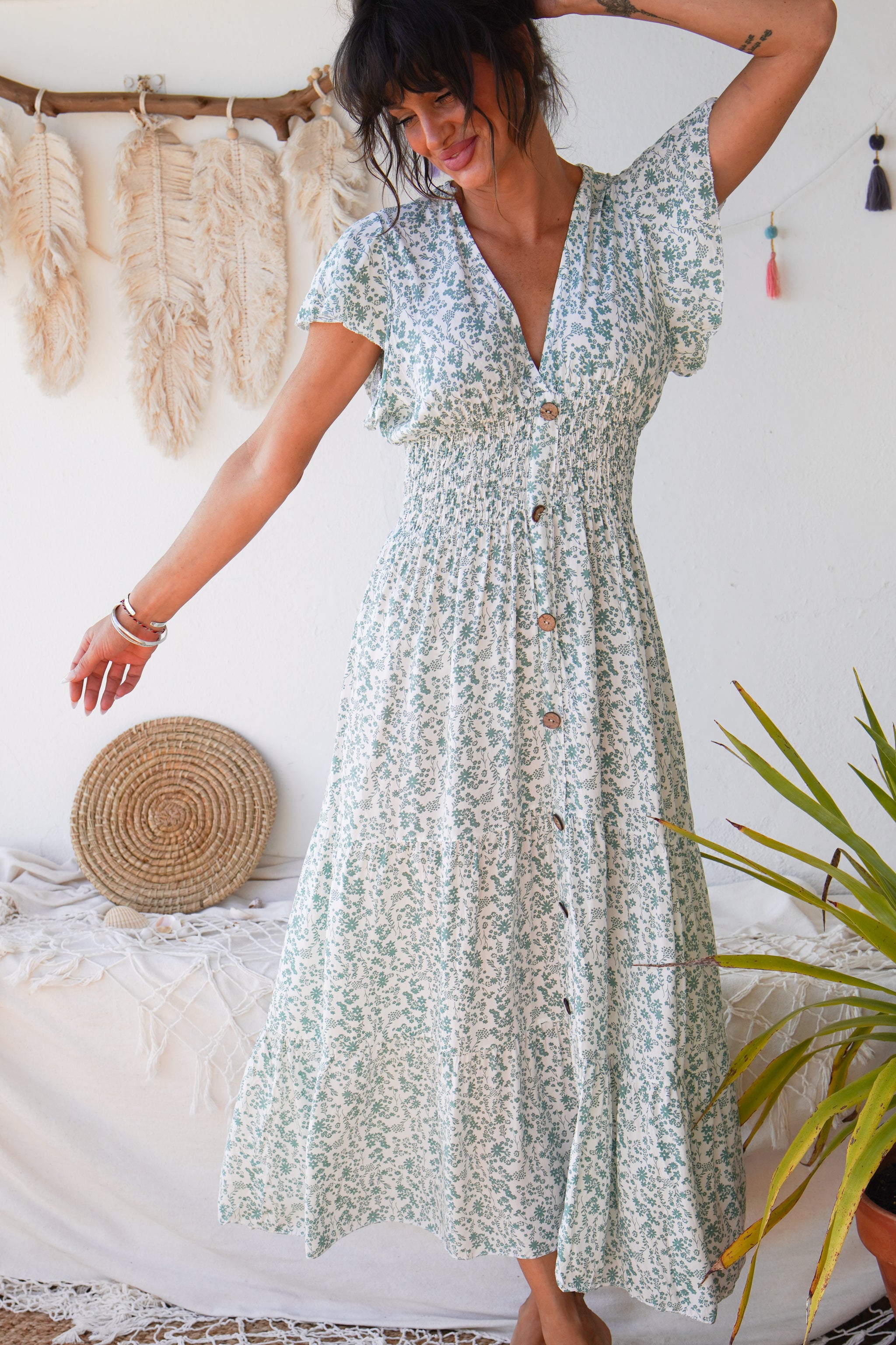 cream floral print plisse cowl plunge maxi dress Cream And Blue Floral Maxi Dress With Lace Back