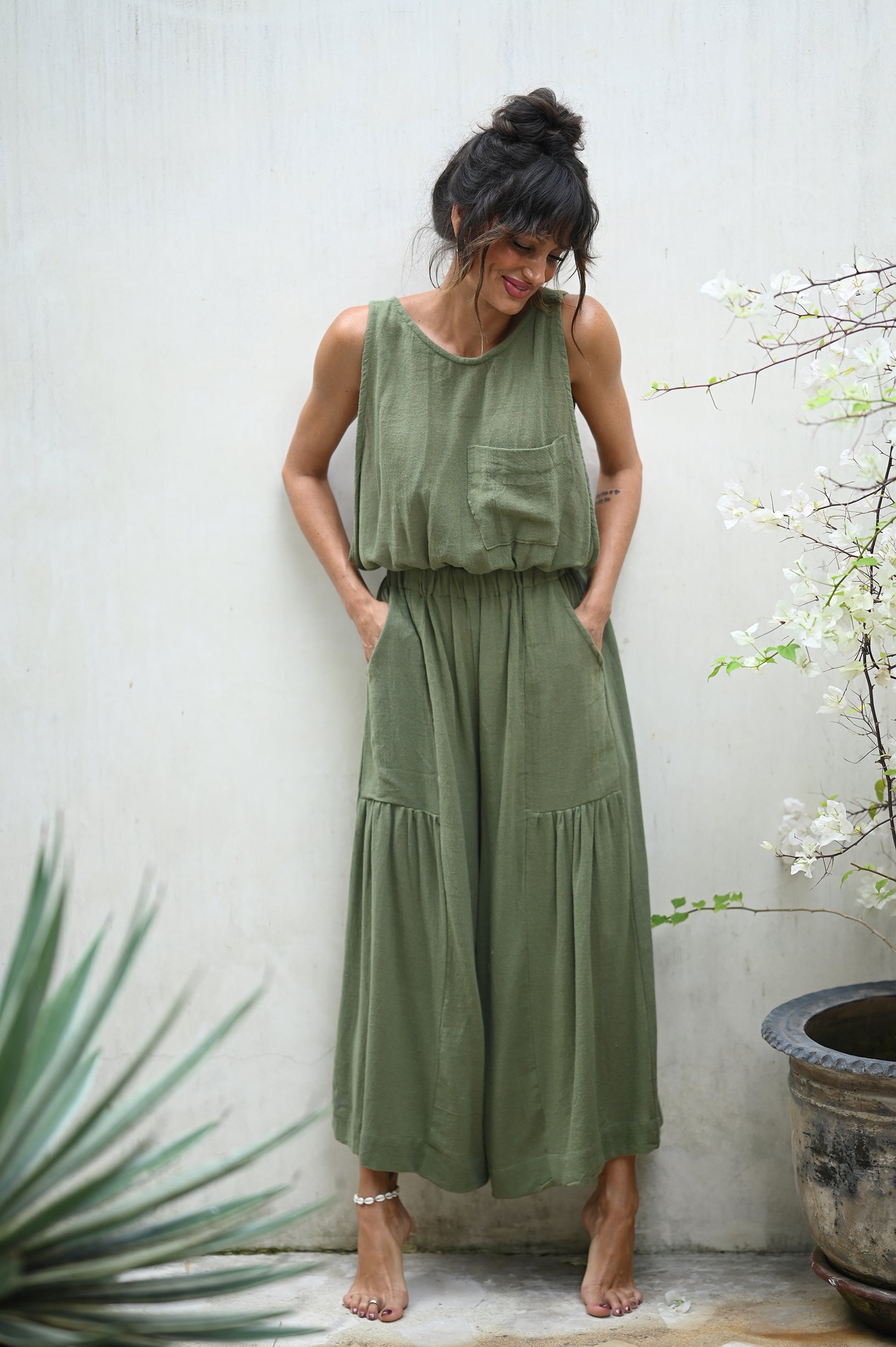 olive green summer wedding guest dress Olive Fabric Apron Lucio Co main image 1